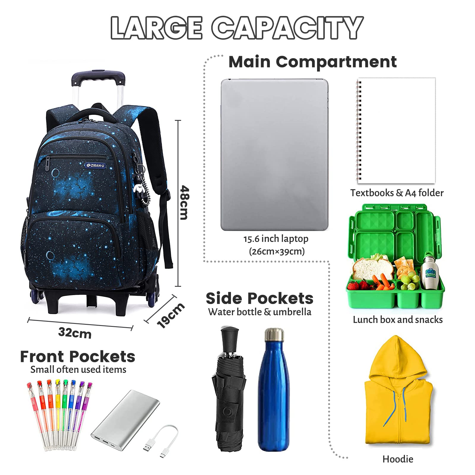Amythe Mochila Escolar con Ruedas para Niños Adolescentes, 6 Ruedas | Mochilas con Carro para Niños, Mochila Trolley Chicos, Desmontable, Azul, Ideal para IR al Colegio o de Viaje
