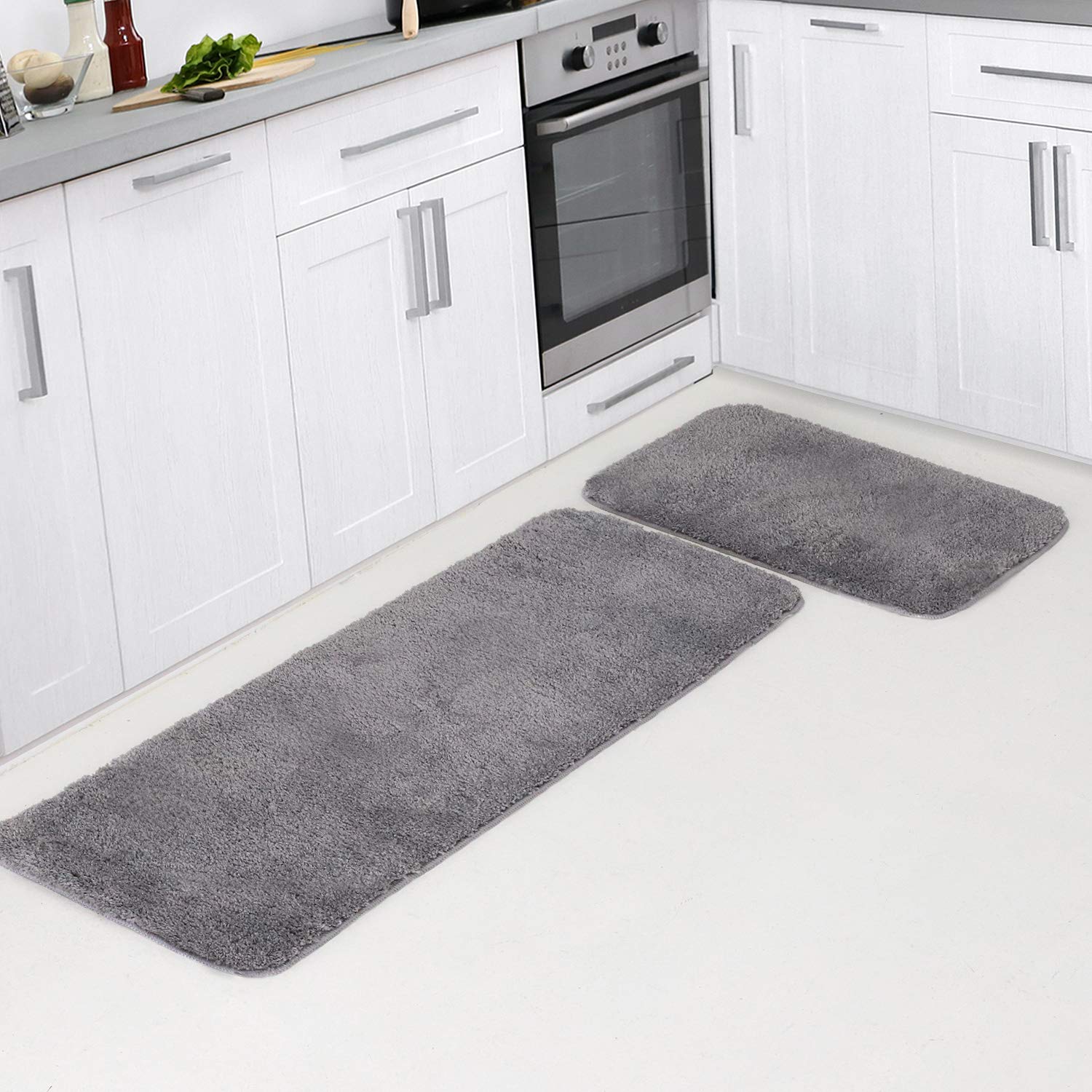 Zenzres Kitchen Rugs, Anti-Slip Kitchen Rugs and Mats, 2 Pcs Kitchen Mats for Floor, Washable bath mat, 17"x48"+17"x24", Grey