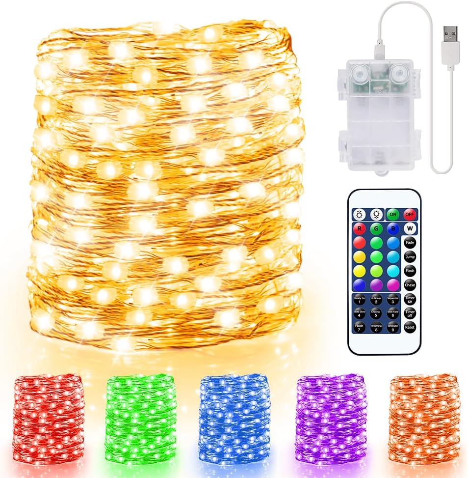 Color Changing Fairy Light Battery Operated, 33ft 100 LED USB Silver