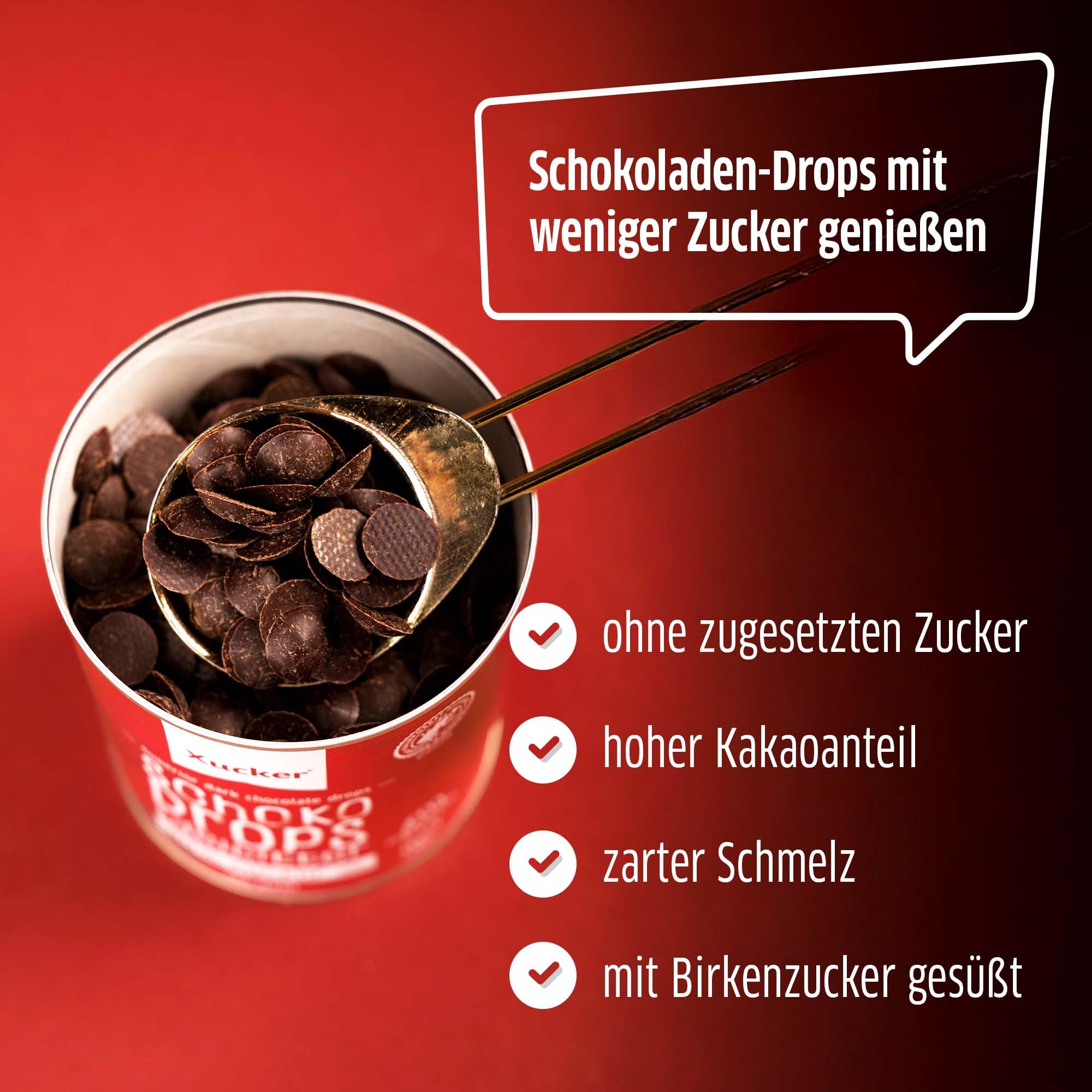 Xucker Schoko Drops Edelbitter 750g - Xucker Schokolade mit Xylit Zuckerersatz I Vegane Schokodrops I Zuckerreduzierte Süßigkeiten zum Backen (min. 75% Kakaoanteil)