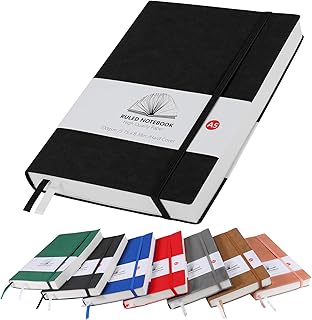 Notebook A5 Lined Hardback 320 Pages 100gsm Paper Thick Notebook Journal with Pen Loop, Inner Pocket, and 2 Ribbon Page Marker for Women Men Work School (Black)