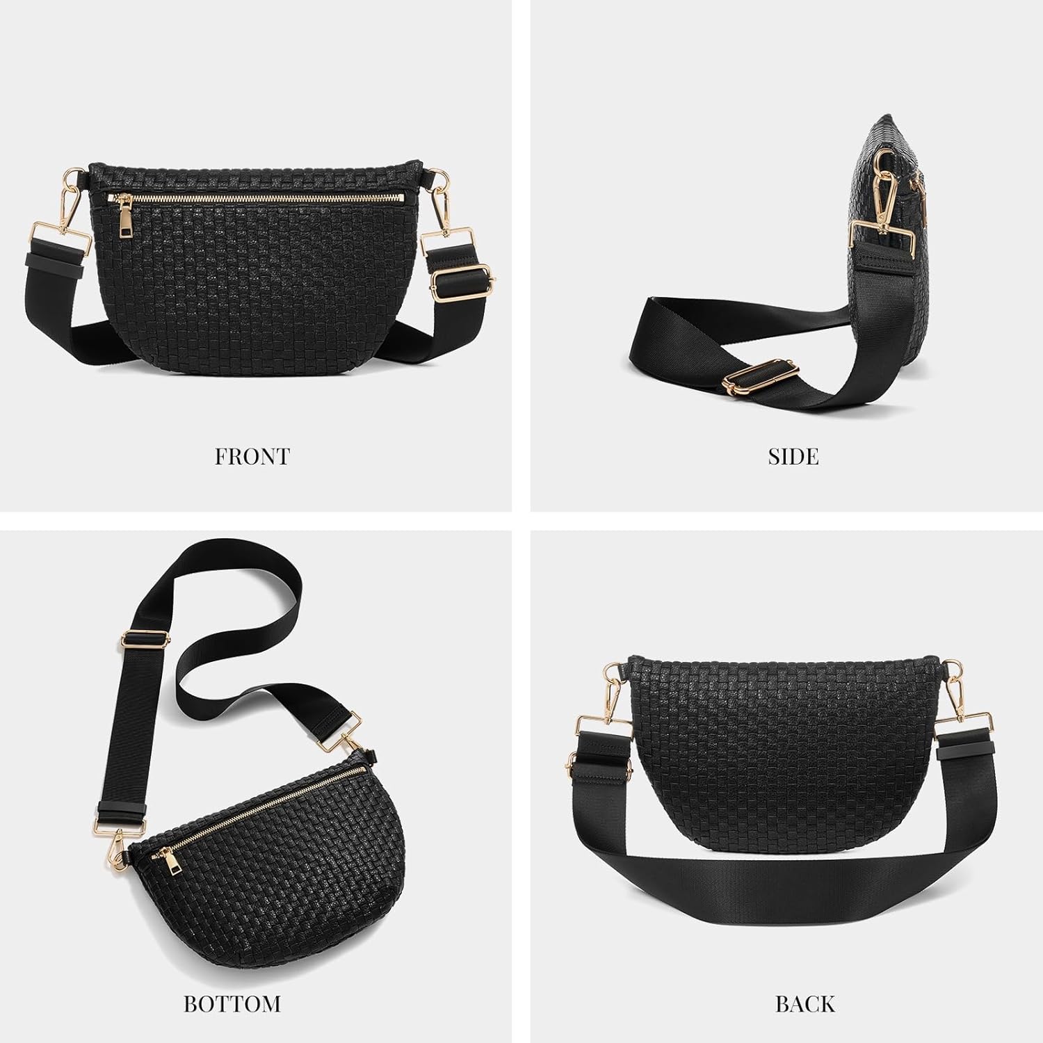 Woven Crossbody Bags For Women, Checkered Fashion PU Bum Bag Waist Pack, Travel Sling Purse with Adjustable Strap（Dark Balck) - Image 6