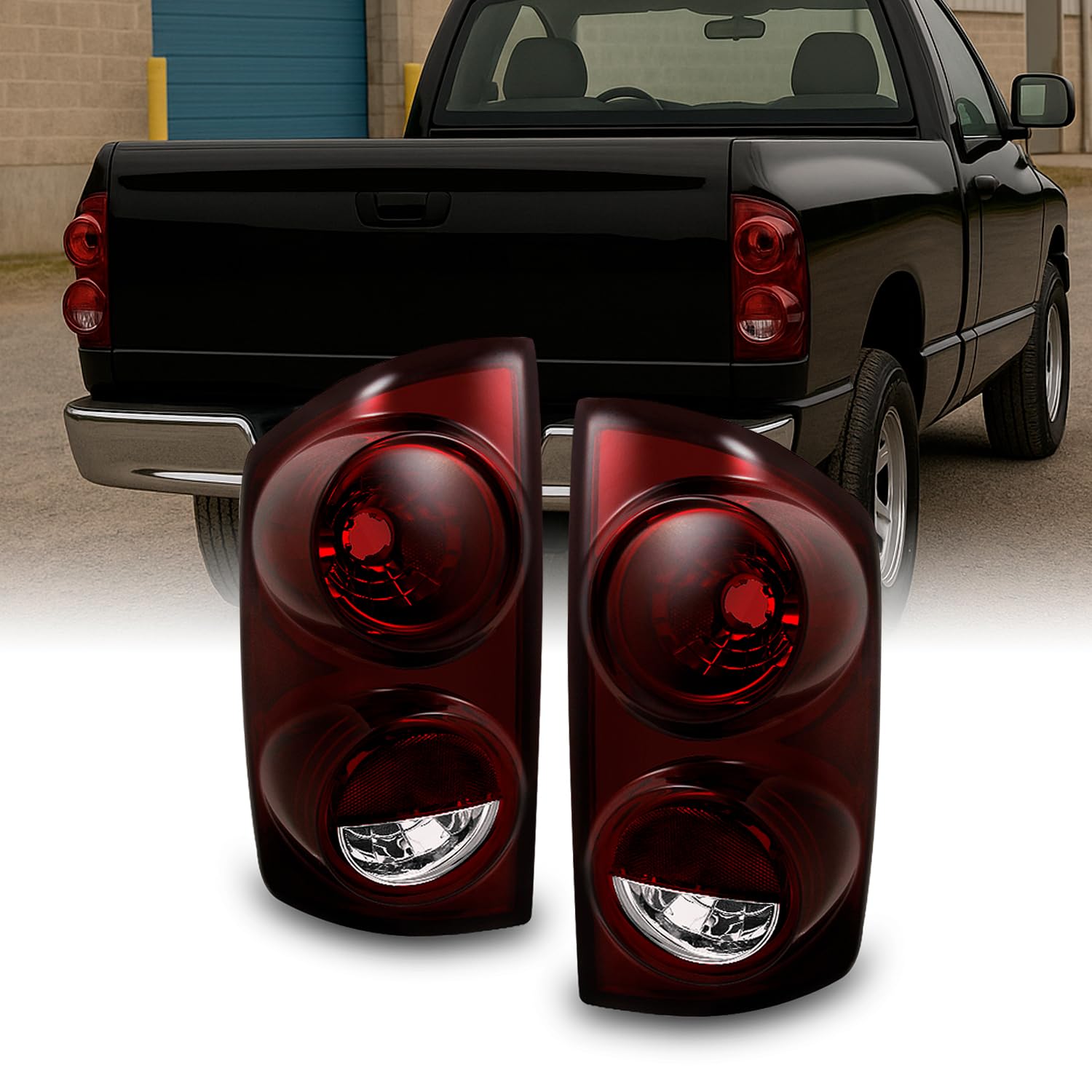 AKKON - For Dodge Ram Truck Dark Red Tail Lights Brake Lamps Driver Left + Passenger Right Pair Replacement Set