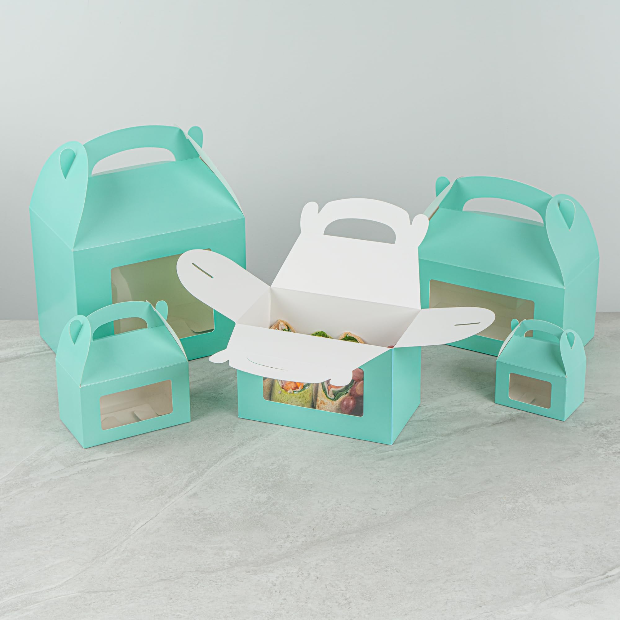 Restaurantware Bio Tek - Cajas a dos aguas de 8.5 x 4.8 x 5.5 pulgadas para recuerdos de fiesta, 100 atractivas cajas de regalo, ventana de PET transparente, con asa integrada, cajas de granero de