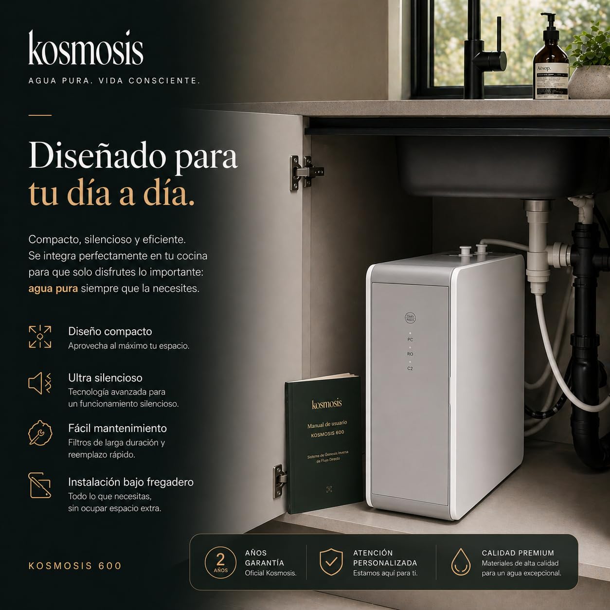 Kosmosis Purificador de Agua por Ósmosis Inversa, 5 Etapas de Filtración, 600 GPD, Caudal 1,6 L/min, con Grifo de Acero Inoxidable