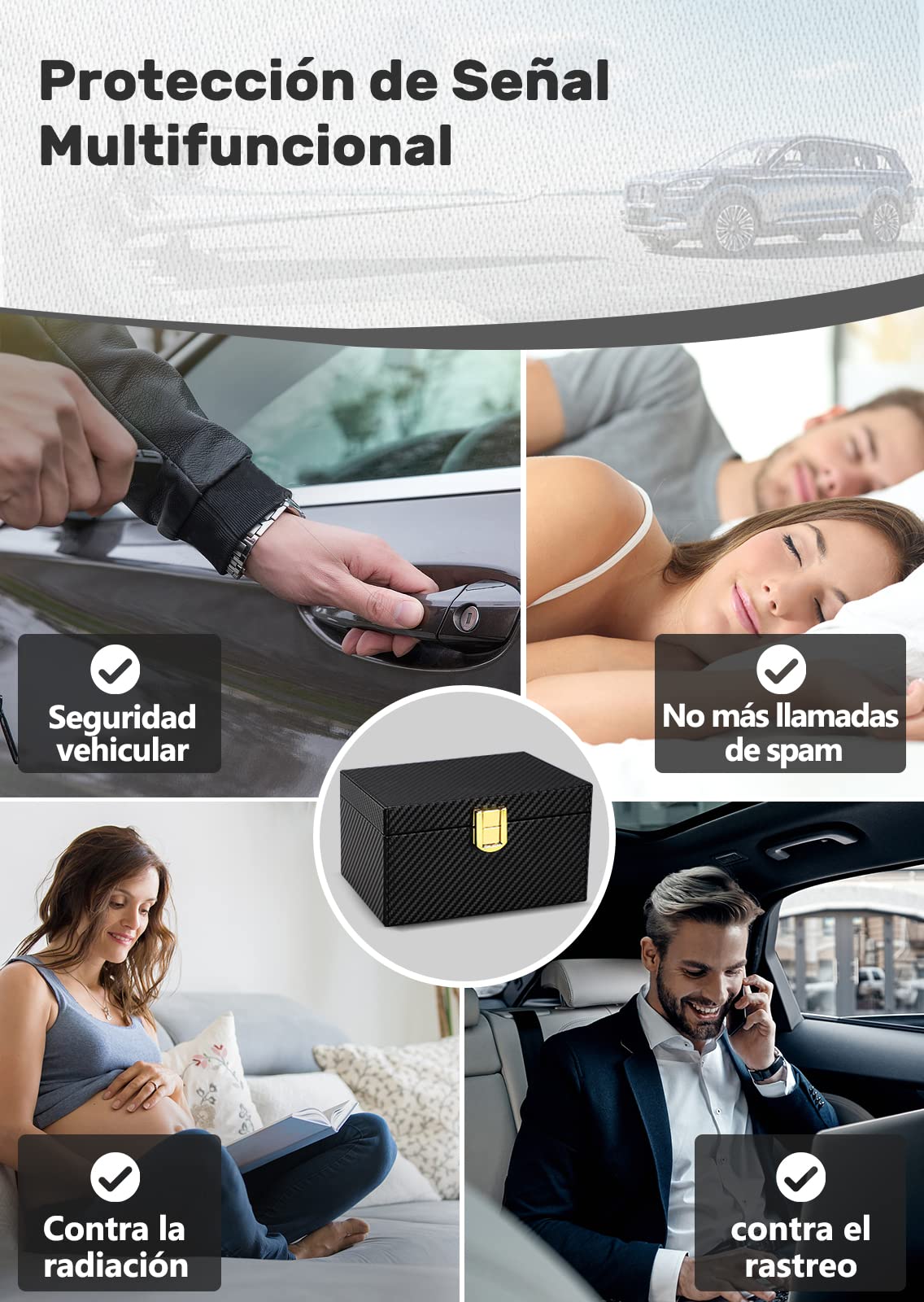 Caja Faraday Antirrobo & 2 funda Faraday para Llaves de Coche, Bloqueadora de RFID Bloqueo Señal Llaves Keyless en Cuero Fibra de Carbon Negro