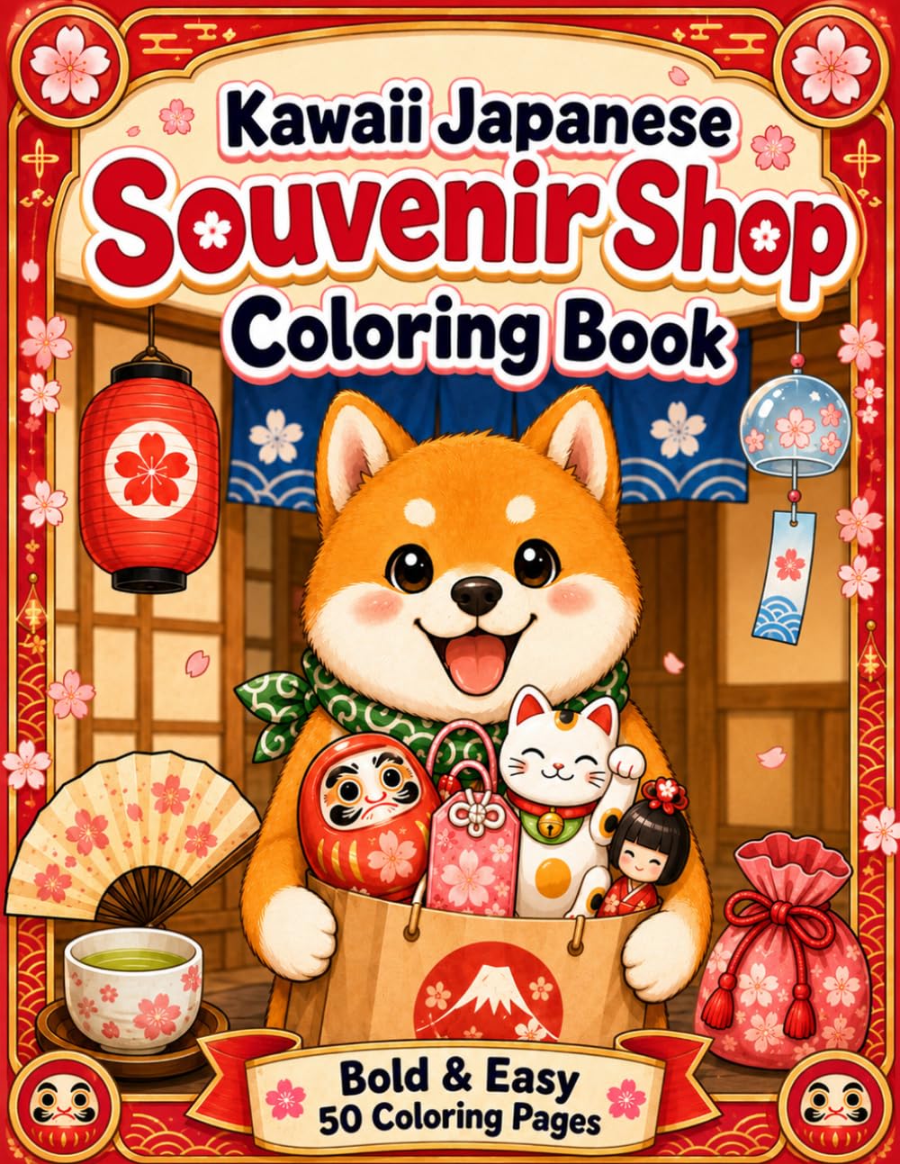 Kawaii Japanese Souvenir Shop Coloring Book: Cute Japan Travel Gifts, Lucky Cats, Daruma Dolls and Bold Easy Coloring Pages for Adults and Teens