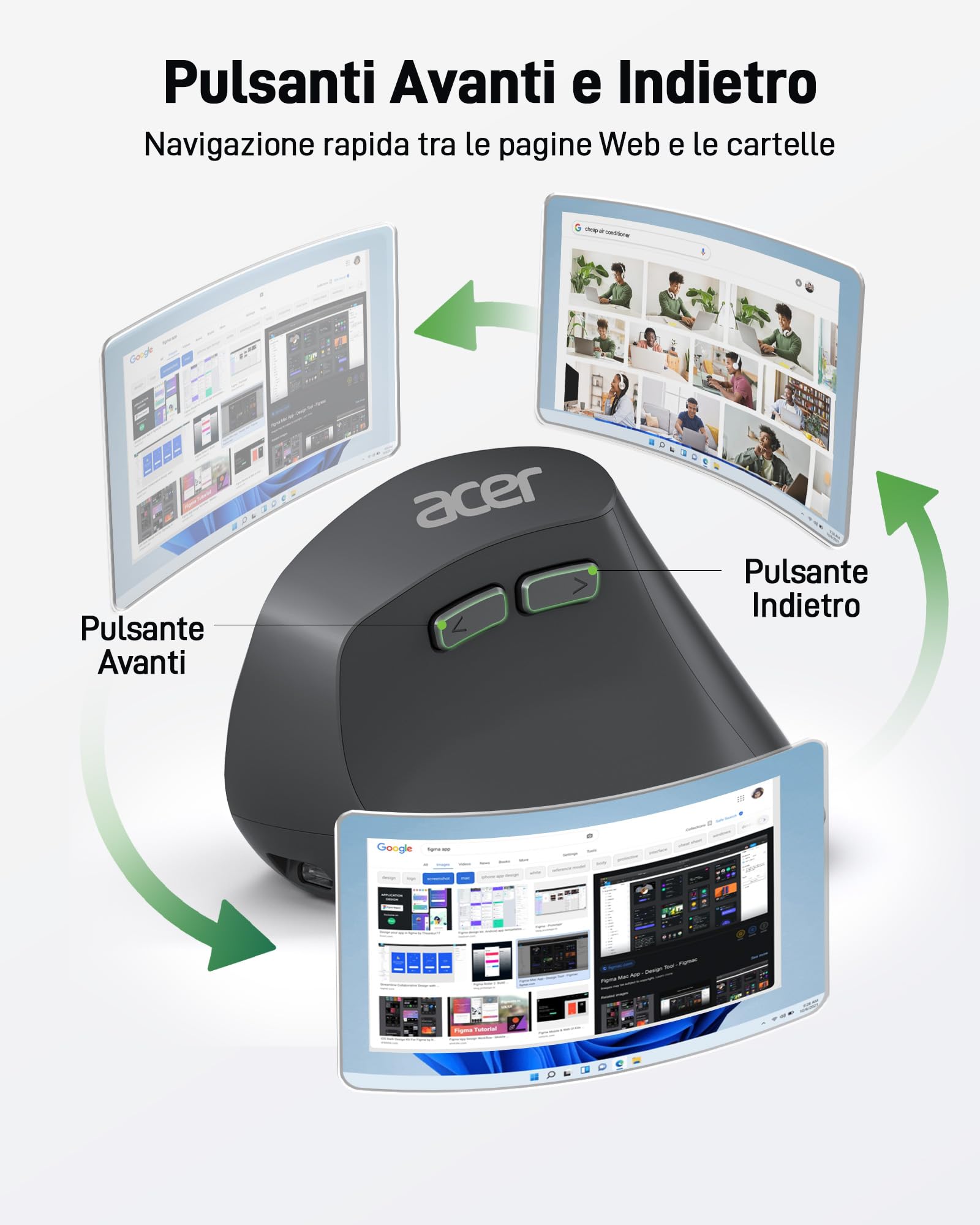 acer Mouse ergonomico senza fili, mouse verticale ricaricabile da 2,4 GHz con 3 DPI regolabili, 6 tasti, mouse ergonomico da ufficio Vertical Wireless per Windows, mac OS, Linux, Chrome OS, ecc.