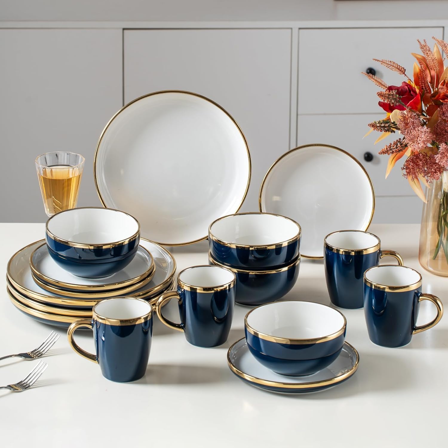 Blue and Gold Ceramic Dinnerware Sets for 4, 16-Piece Luxury Plates and Bowls Sets with Gold Rim, Modern Dish Set for Wedding Christmas Anniversary,