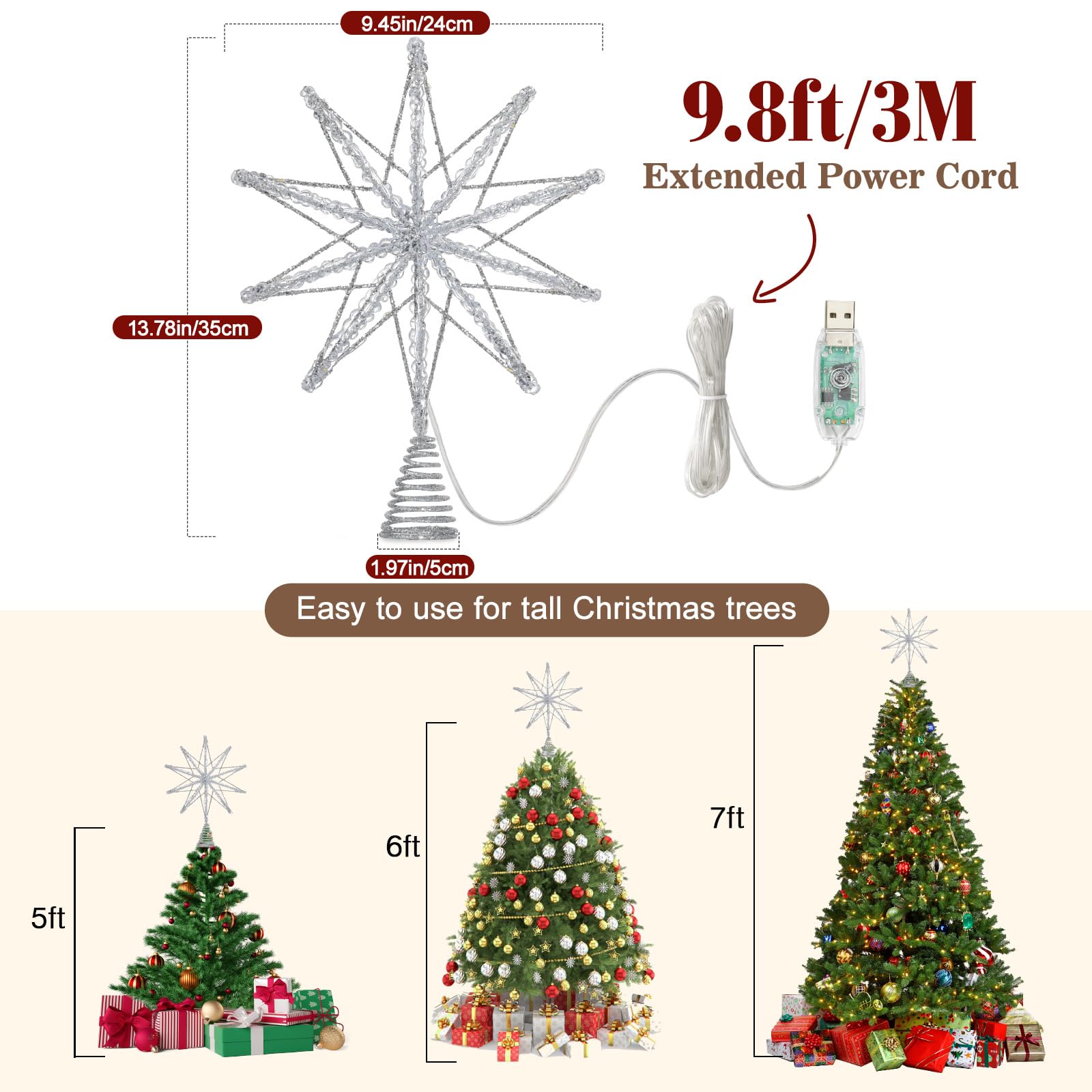 Lewondr Stella Cima Per Albero Di Natale 20 LED, 13.8 Pollice Stella A 10 Punte In Resina Lucente, Cima Alimentata A USB E Telecomando Per Decorazione Albero Di Natale, Timer 6H & 8 Modalità, Argento