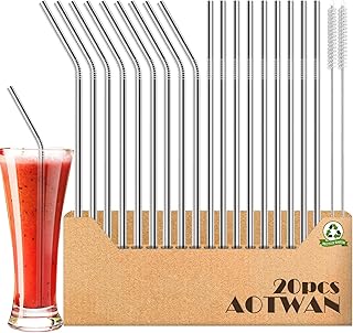 AOTWAN 20-Pack Reusable Stainless Steel Metal Straws, 9 Straight + 9 Bent 8.5 inch Metal Straws for 20 oz Tumblers Dishwasher Safe with 2 Cleaning Brushes