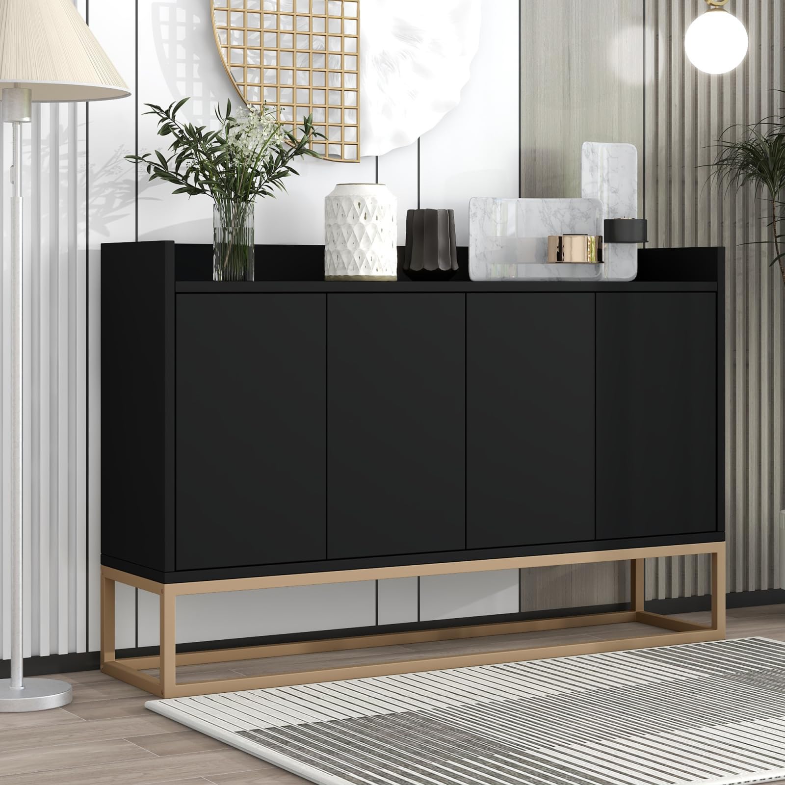 FEEOHOME Credenza Bas, mobile portaoggetti con gambe in metallo, mobile da cucina con 4 ante e ripiani regolabili, armadio da cucina 120 x 30 x 80 cm, per sala da pranzo, soggiorno (nero)