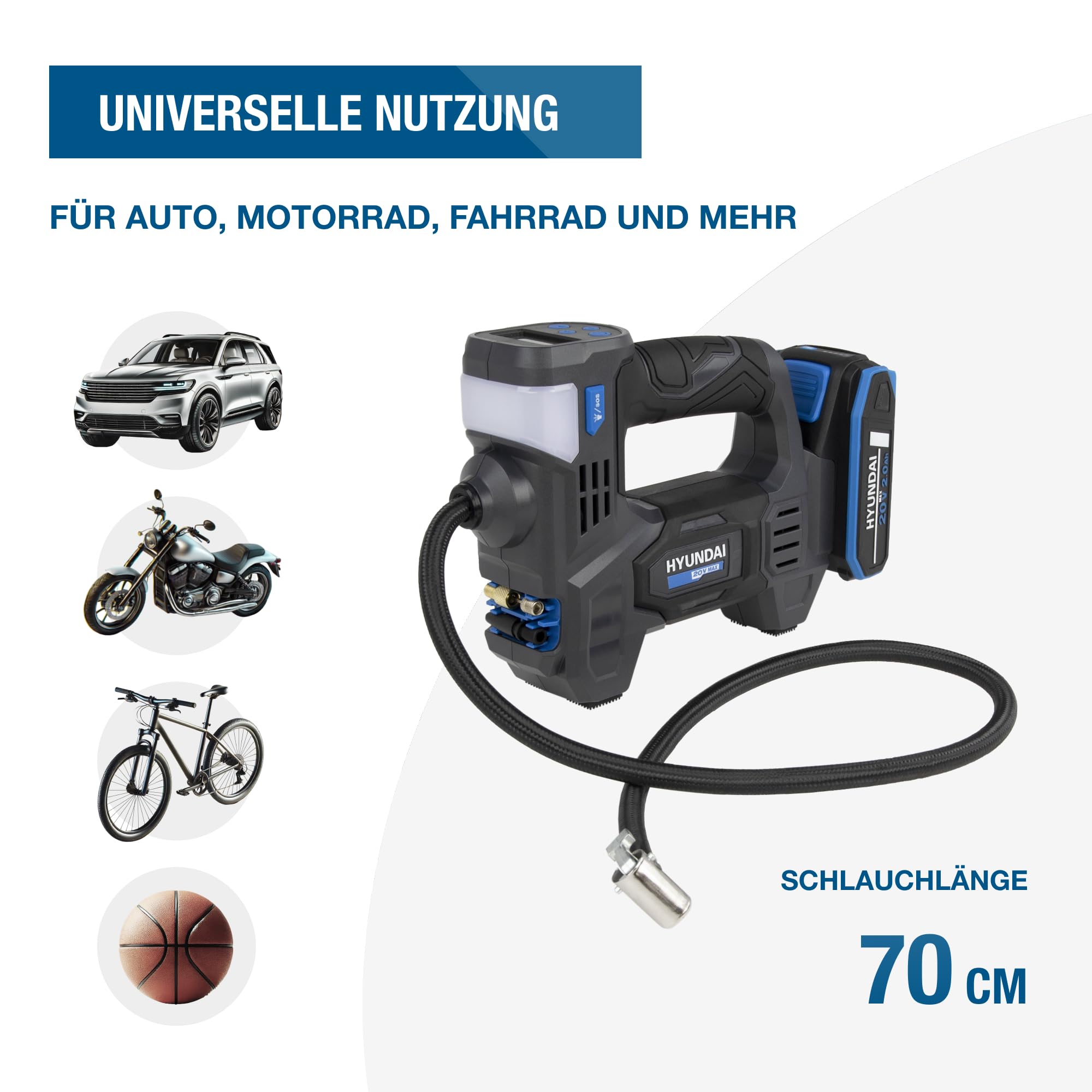 HYUNDAI Akku-Kompressor IF20S-2A1 | Li-Ion, 20V, 10-bar, 70 cm | multifunktionale Luftpumpe, Autokompressor | LED- & SOS-Notlicht | Lieferumfang: Luftkompressor, 3 Adapter, 1 x 2.0Ah Akku, Ladegerät