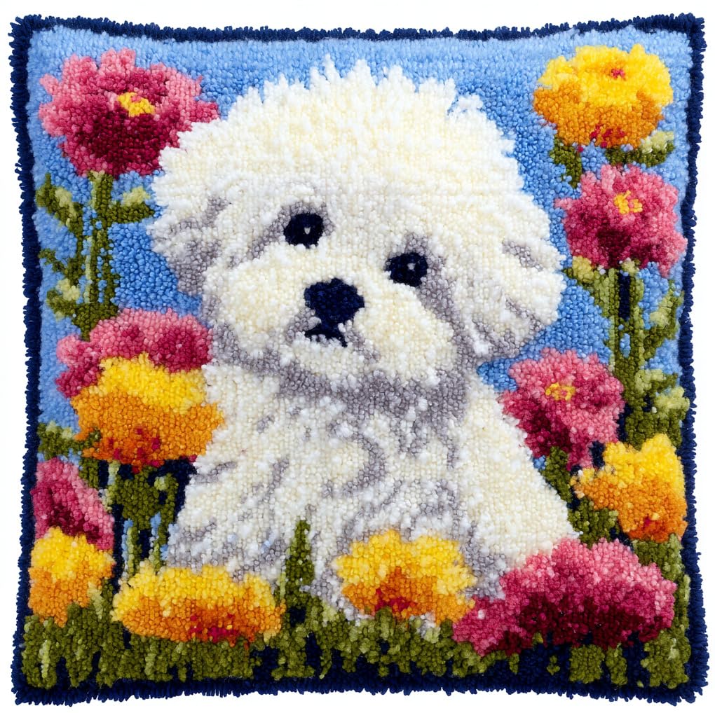 Taxpy Latch Hook Kits for Adults,Bichon Frise and Flowers/3D DIY Pre-Printed Craft Latch Hook Pillow Kits Fit for Throw Pillow Cover Sofa Cushion Cover,17X17 in