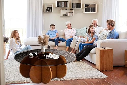 Miniatura 7 de Mesa auxiliar redonda de cristal, base de madera maciza y parte superior de vidrio templado transparente, mesa auxiliar de café, mesa central simple