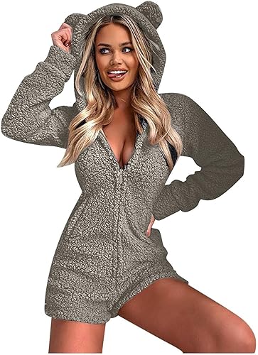 Ropa de dormir con capucha para mujer, diseño de vellón cálido para mujer, pijama de manga larga con cremallera, ropa de dormir sexy