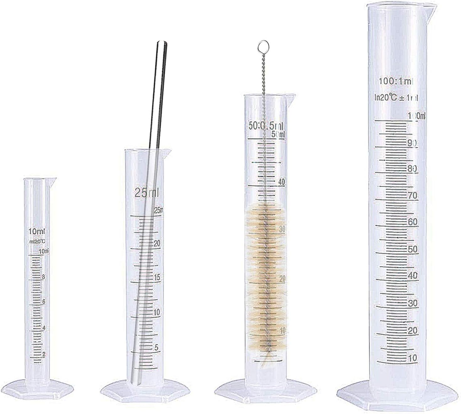 Measuring Cylinder 4 Plastic Transparent Measuring Cylinder 10 ml 25 ml 50 ml 100 ml Cylinder for Measuring With Glass Rod and Cleaning Brush for Lab Test Cylinder Tube Kitchen Lab Set