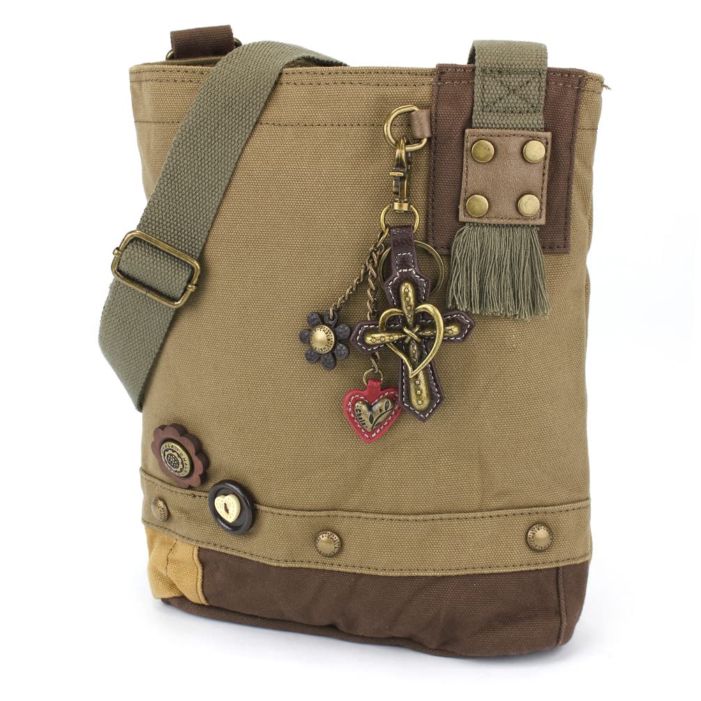 CHALA Patch Cross-Body Women Handbag, Canvas Messenger Bag Olive, Metal Charming Cross - Oliv, Medium