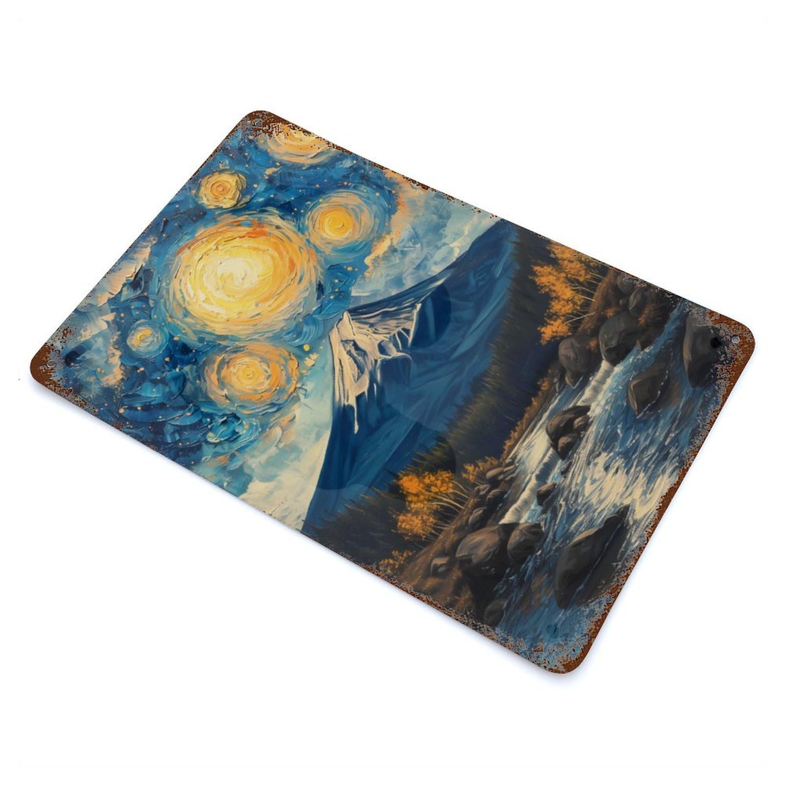 Vintage Rust Metal Sign with Starry Night Fuji Mount Design 11.8"x7.9", for Garage, Bar And Workshop Decor, Retro Wall Decor
