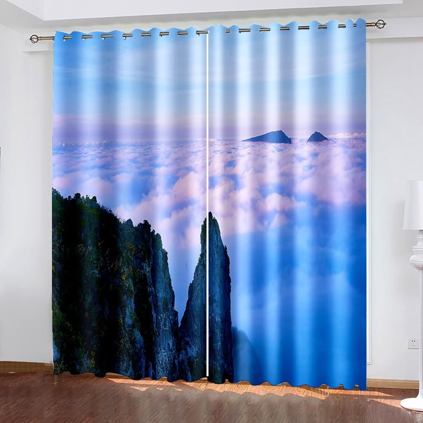 Rideaux Fenetre Occultant, Rideau Chambre Adulte Boheme Noir Blanc Gris Ciel, Nuages et Montagnes Polyester Lot de 2 204x214cm