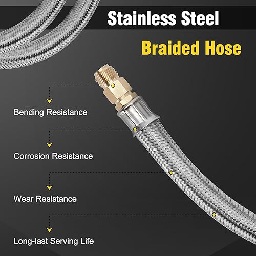 Miniatura 6 de Manguera de coleta de propano invertida de 14 pulgadas con calibre, mangueras de tanque de gas propano LP trenzadas de acero inoxidable de 15