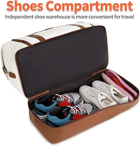 Miniatura 6 de Bolsa de fin de semana, bolsa de viaje grande para mujer, bolsa de mano con compartimento para zapatos y bolsas de aseo, Blanco (White-Brown),