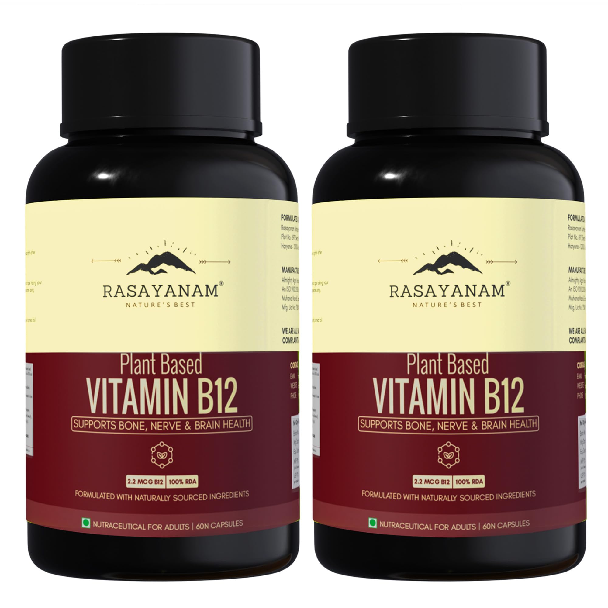 Rasayanam Plant-Based Vitamin B12 | 100% Vegan Vitamin B12 | Enriched with 7 Superfoods like Moringa, Amla & More | Supports Energy, Nerve Health & Brain Function | 120 Veg Capsules