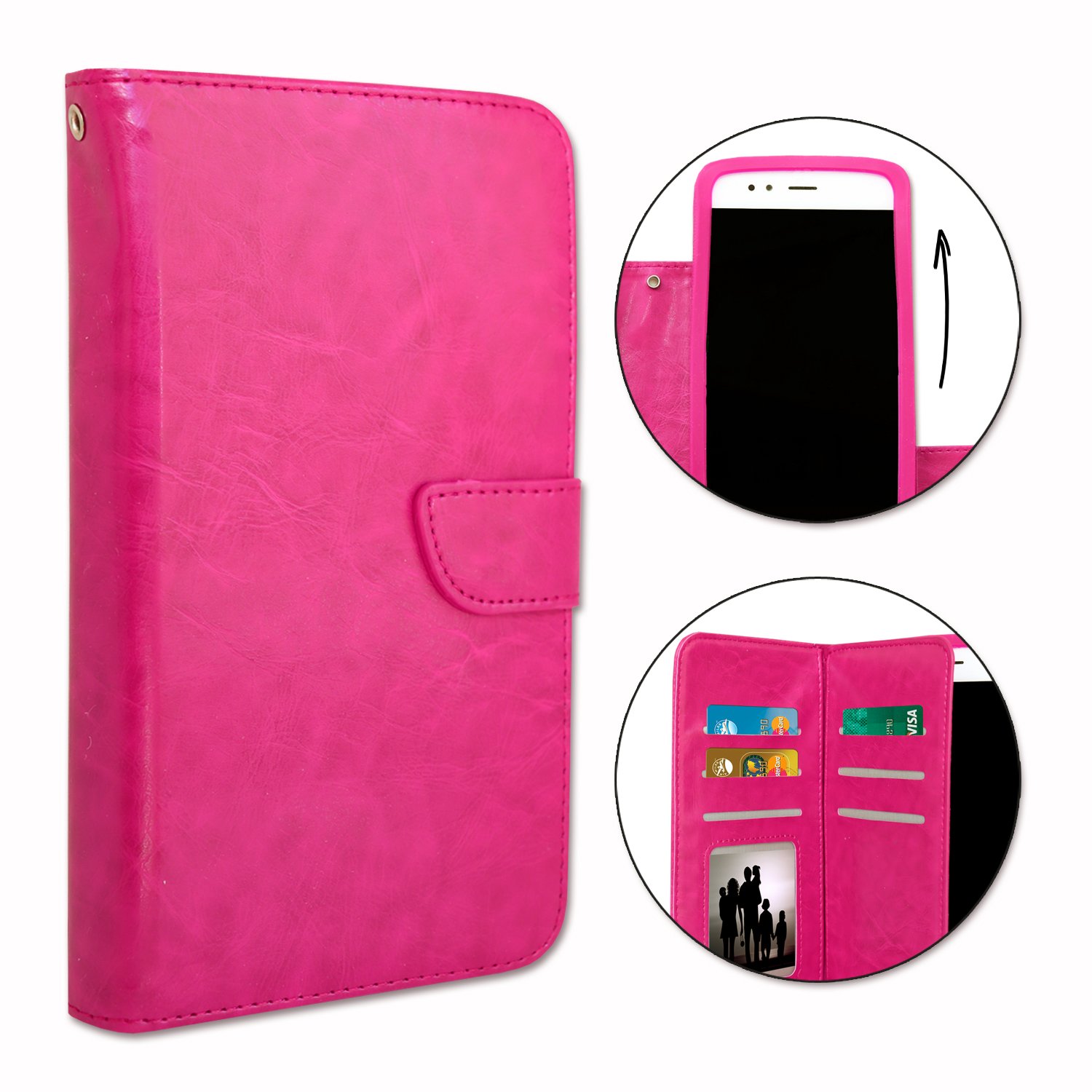 PH26 - Custodia a portafoglio per Oppo A52, in ecopelle con doppia aletta interna, porta carte, chiusura magnetica e cuciture a vista – Rosa fucsia