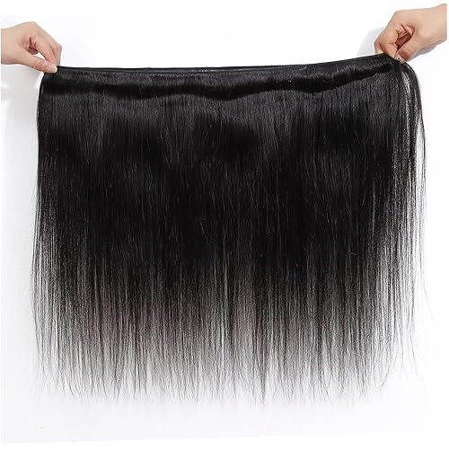 Miniatura 6 de Extensiones de cabello humano lacio de 12, 14, 16 pulgadas, sin procesar, cabello virgen brasileño, lacio, 3 manojos de 10.58 oz, color natural,