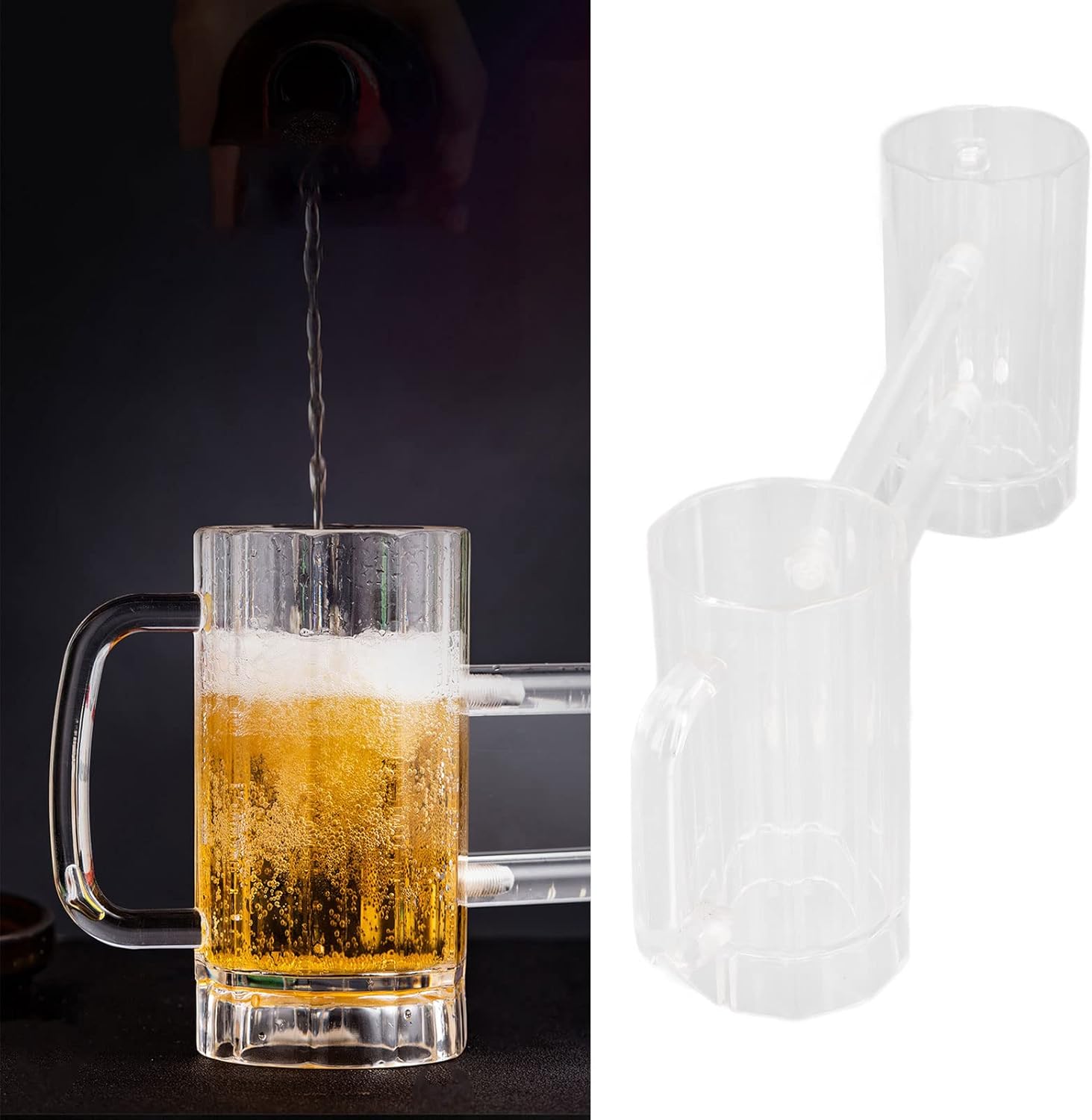 beer mugs, Beer Mug Set of 2, Beer Mug Acrylic Double Conjoined Beer Glass with Handle for Bar KTV Game Competition 430ml / 14.5oz