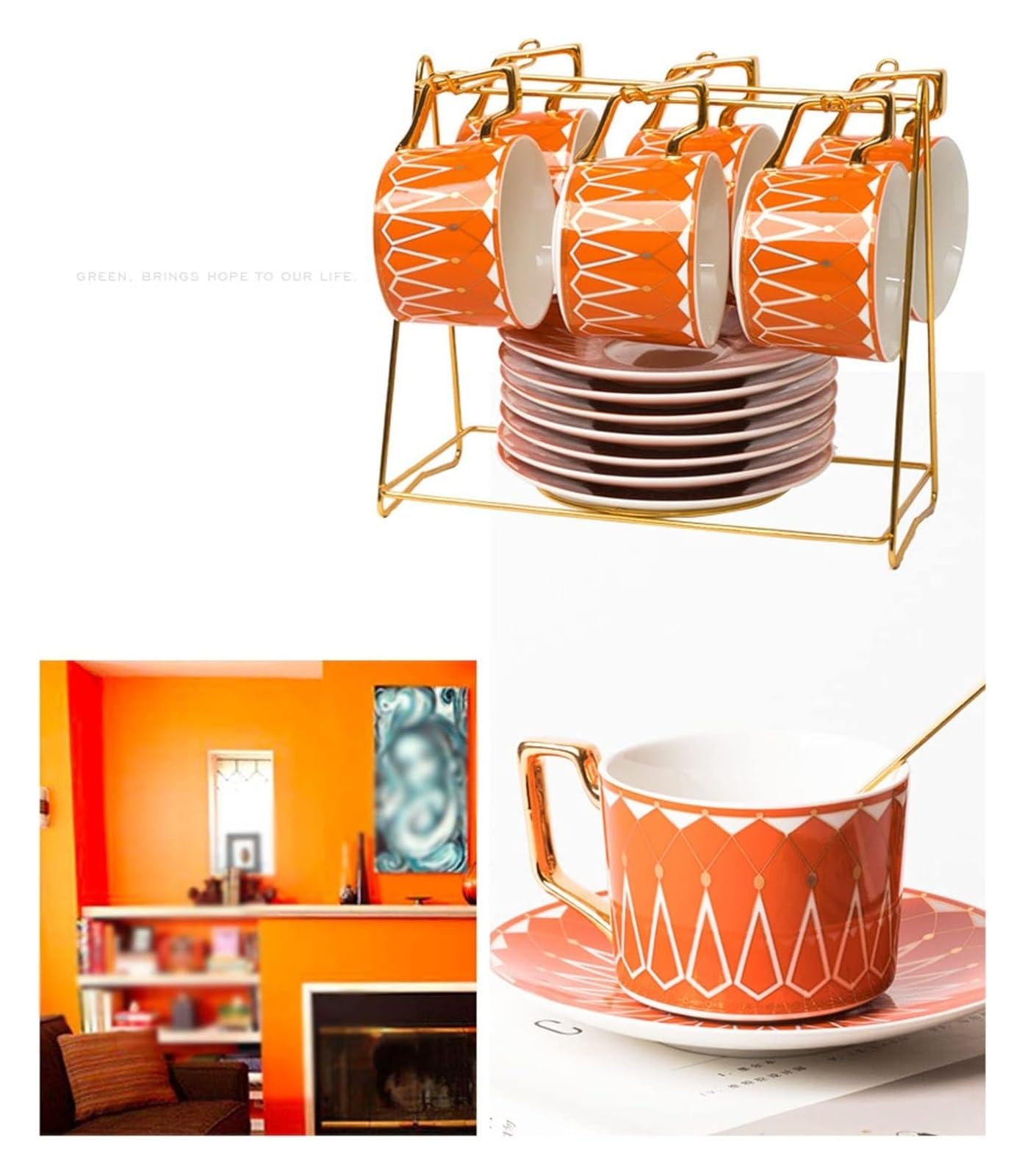 Luksusowy zestaw filiżanek do kawy francuskiej ze spodkiem i łyżeczką - żaroodporna filiżanka do herbaty w stylu retro na prezent na parapetówkę (Orange Yellow.)