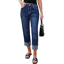 luvamia Straight Leg Jeans for Women Trendy Cropped High Waisted Cuffed Hem Stretchy Boyfriend Capri Jeans with Pockets