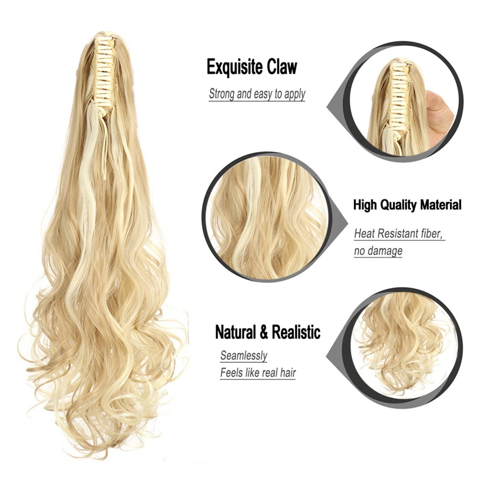 Wavy Ponytail Hair Extension Clip - Heat Resistant, Reversible, 22" Synthetic Hair Piece