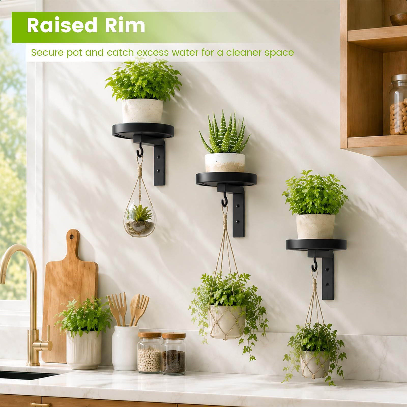 Lot de 3 supports muraux pour plantes - En métal - Avec crochets - Pour l'intérieur et l'extérieur - Étagère à plantes haute, à plusieurs étages - Pour balcon, salon, terrasse