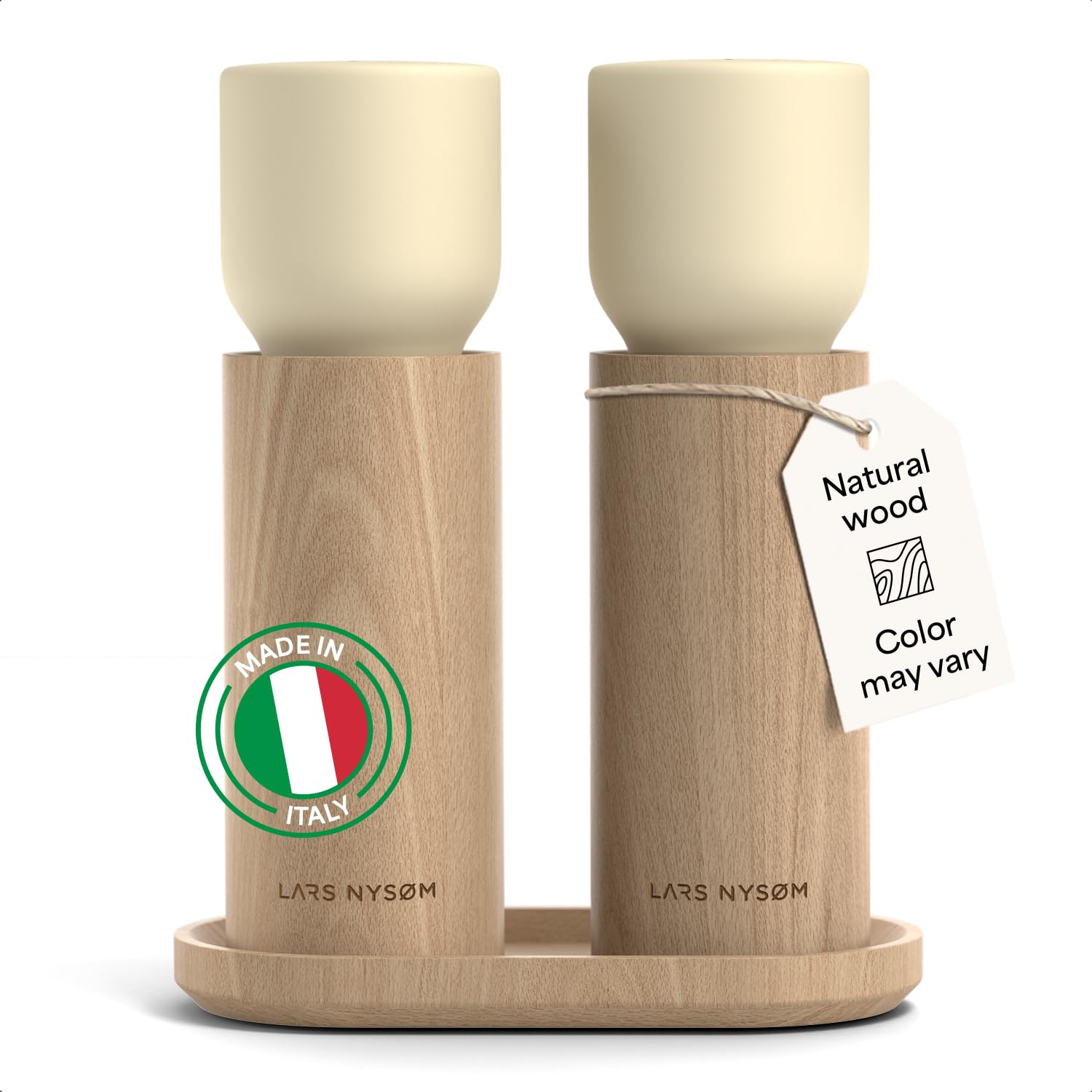 Photo 1 of LARS NYSØM Wooden Salt and Pepper Grinder Set Manual - Salt and Pepper Mills with Adjustable Ceramic Grinder - Elegant Beechwood Pepper and Salt Mill Set for Dining Table (Brown/Beige)