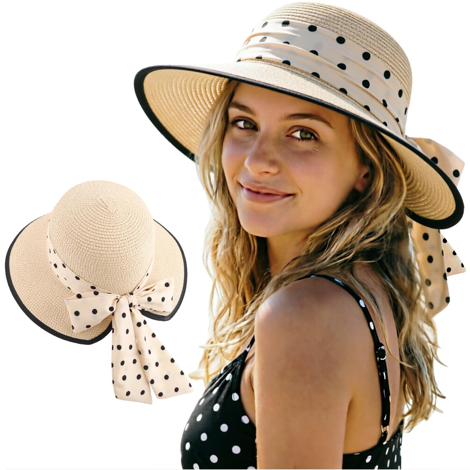 DRESHOW Sun Hats for Women Travel Fedora Foldable Beach Sun Hat Summer Wide Brim Straw Bucket Hat with Bowknot UPF 50+