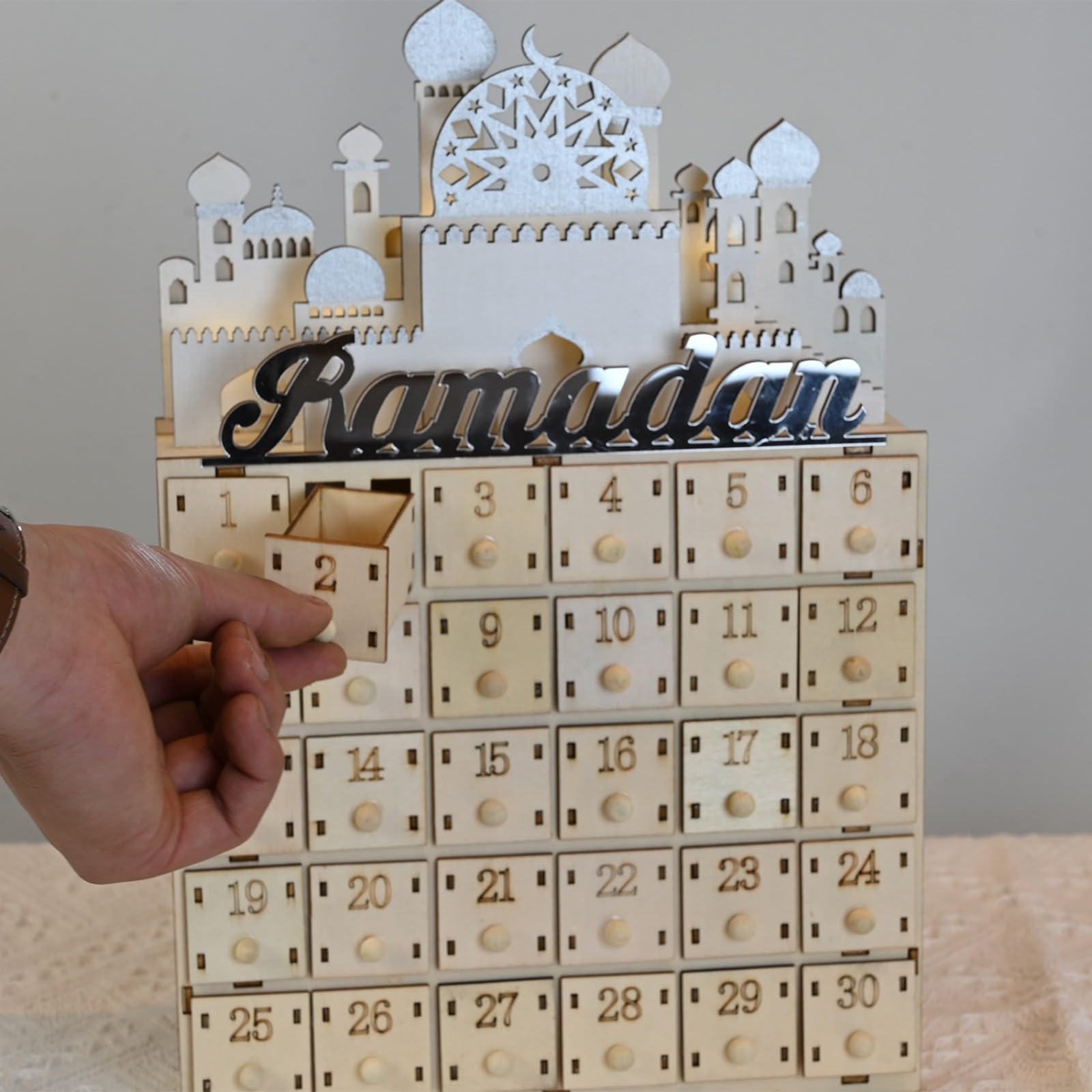 Eid Ramadans - Calendario de cuenta regresiva con luz LED y cajones de 30 días, decoración de Adviento de madera para celebración islámica del hogar