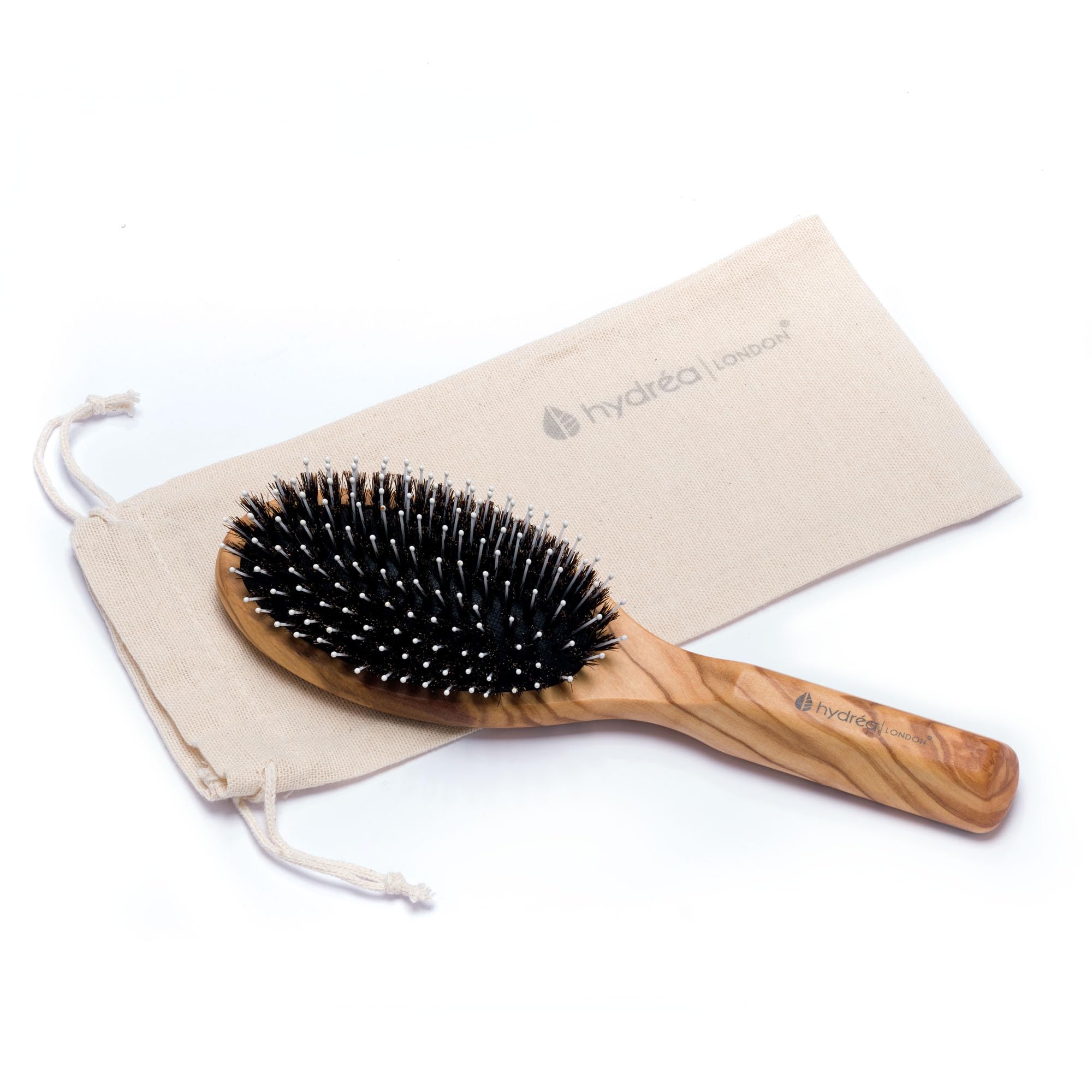 Hydréa London Brosse à Cheveux en Bois d'Olivier avec Épingles en Nylon et Coussin Confort Anti-Traction - Démêlant Luxe pour Femme & Homme - Cheveux Moyens à Épais