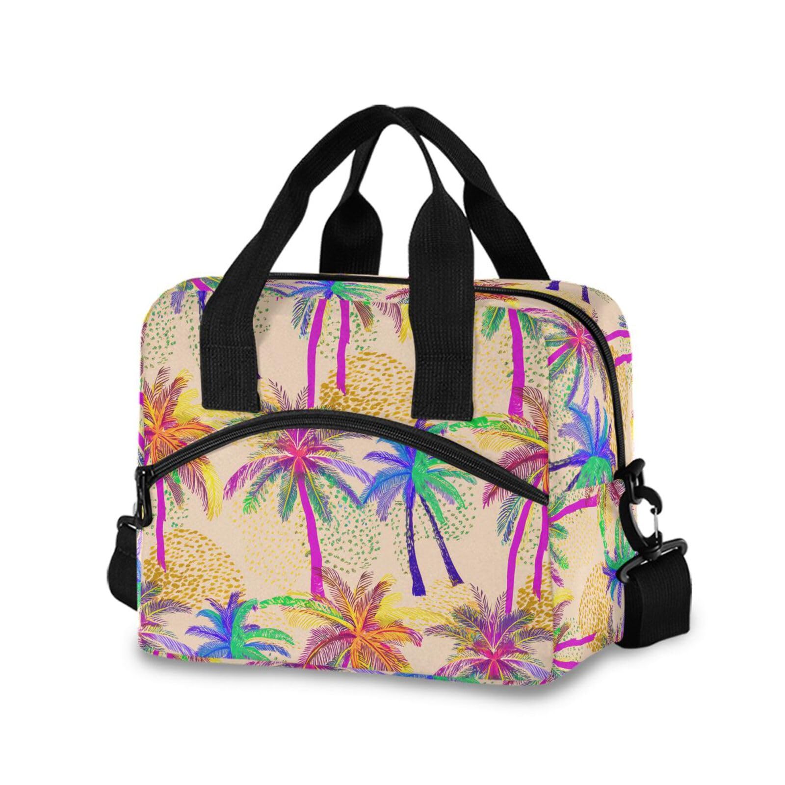 Sinestour Insulated Lunch Bag Reusable Cooler Colorful Palm Trees Beige Lunch Box Adjustable Shoulder Strap for Office Men Women