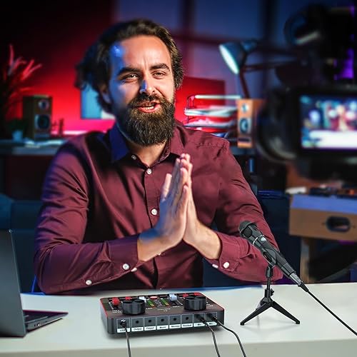 Miniatura 8 de Paquete de equipo de podcast para 2 micrófonos Tiktok Video Creator Kit, interfaz de audio, mezclador de DJ, tarjeta de sonido, micrófono de