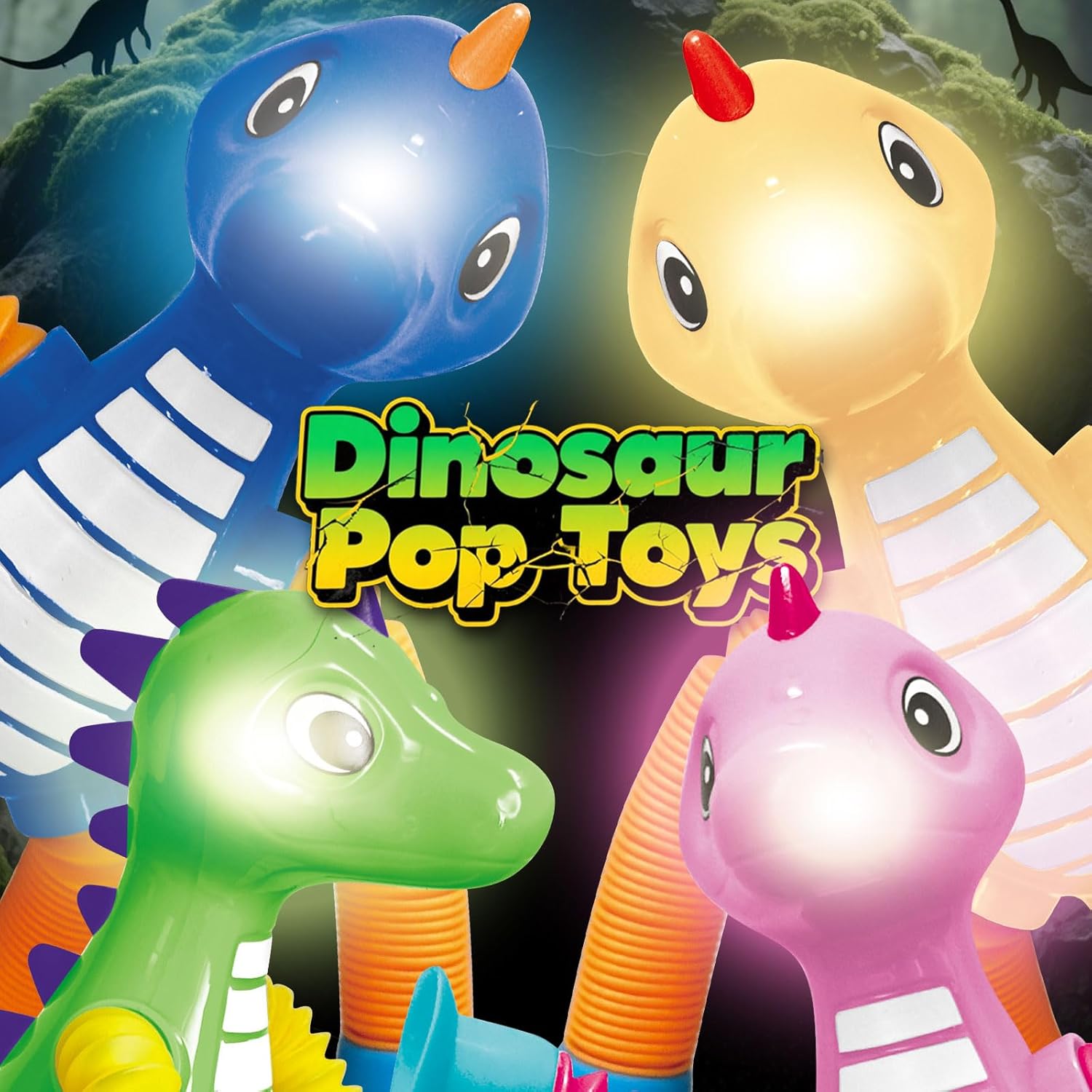 Dinosaur Easter Basket Stuffers Gift LED Light Up for Toddlers Kids Boys Girls, Dino Pop Tubes Fidget Sensory Suction Cup Toys, Airplane Travel Toys & Christmas Stocking Stuffers Party Favors Aged 3+