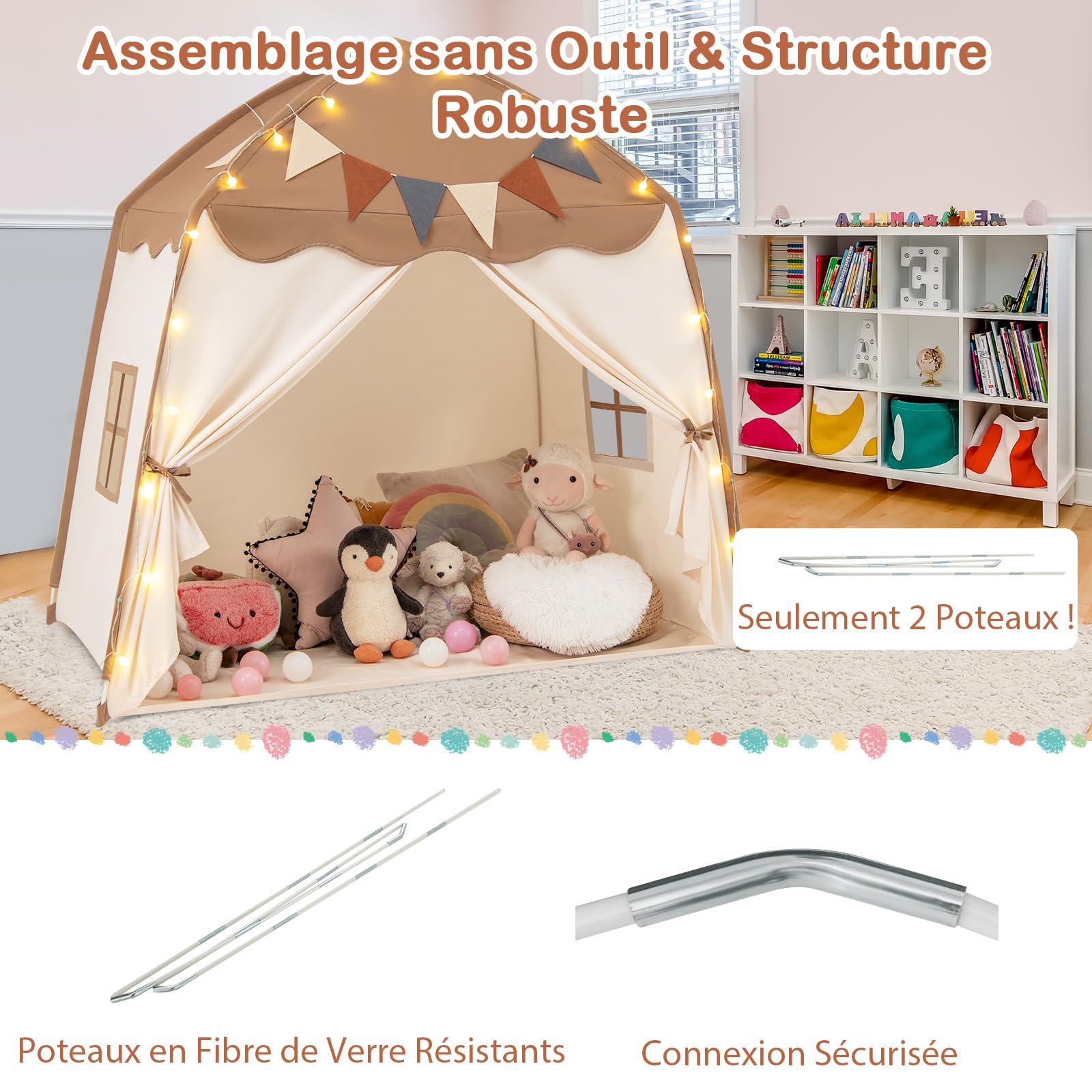 COSTWAY Tente de Jeux Enfant avec Guirlandes Lumineuses & Drapeaux, Cabane Enfant Interieure avec Fenêtres & Tissu Lavable, Style Princesse pour 3 Enfants de 3-12 Ans, 157x98x148cm (Beige + Café)