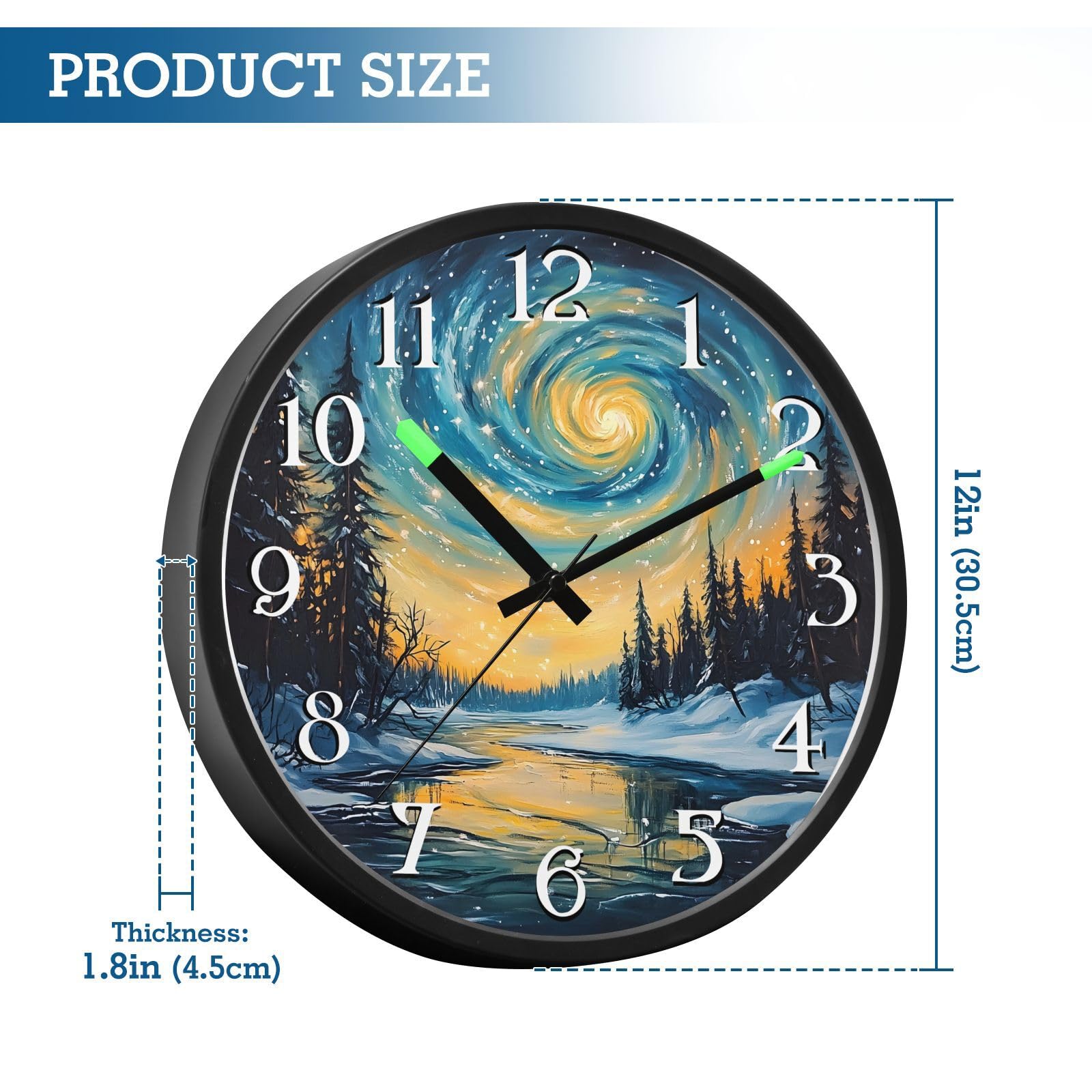 Mnsruu Aurora Sky Forest Galaxy - Reloj de pared luminoso para dormitorio, funciona con pilas, silencioso, brilla en la oscuridad, para sala de estar, cocina, 12 pulgadas