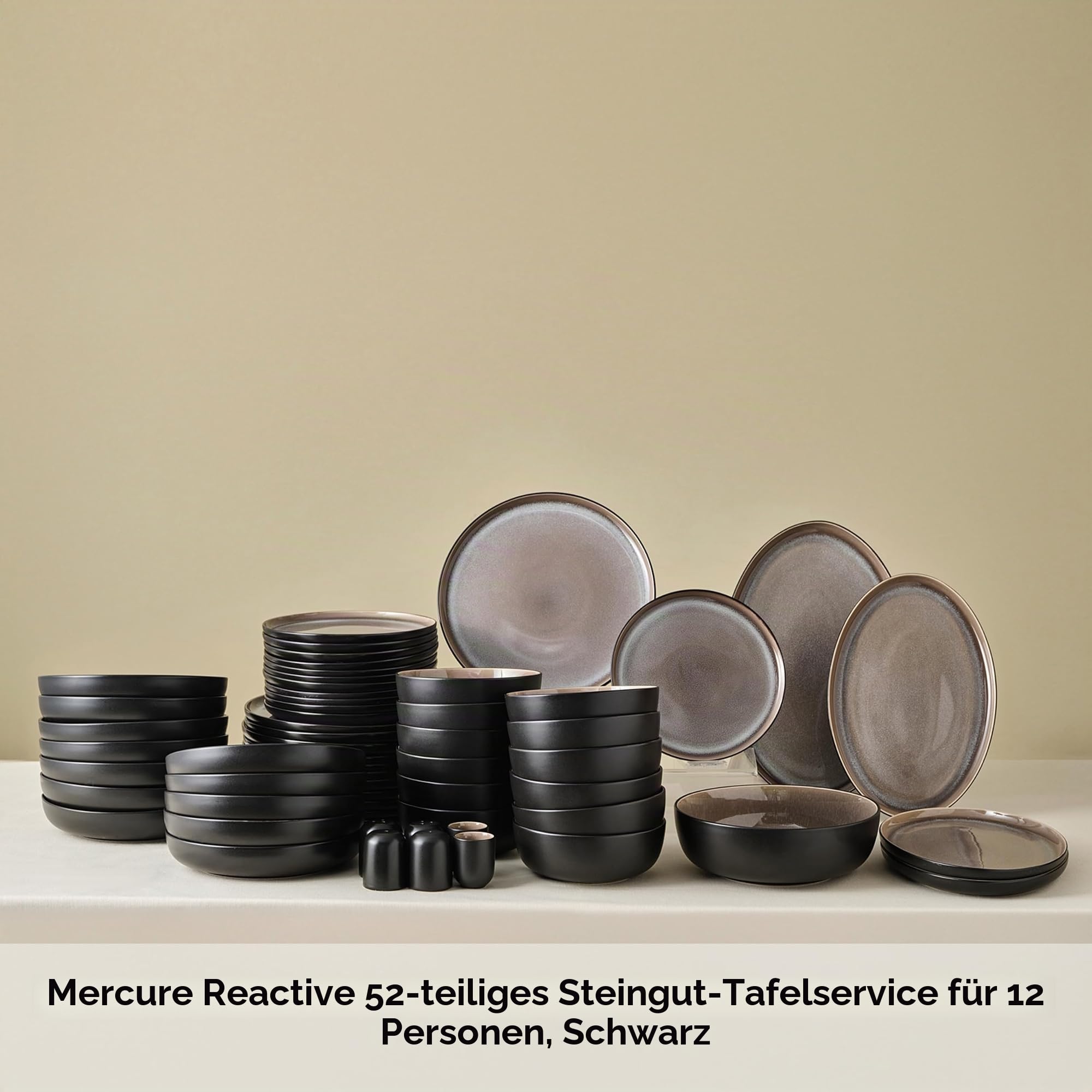 Karaca Mercure - 59-teilig Steingut Geschirrset für 12 Personen, Reaktive Glasur Teller Set mit 12 Servierplatte, Pastateller, Suppenteller, Dessertteller, Steinzeug Geschirr Set Modern - Schwarz