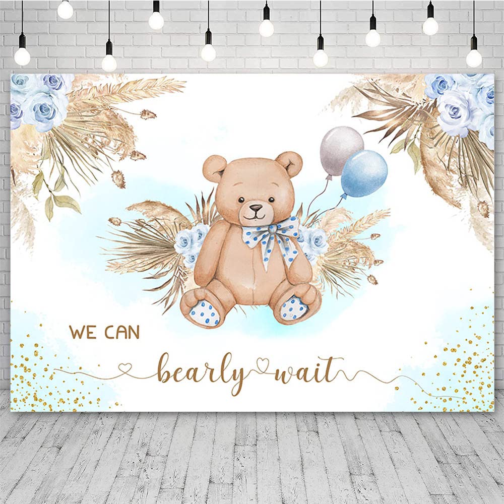 Photo 1 of 7x5ft Boho Bear Baby Shower Backdrop for Girl We Can Bearly Wait Baby Shower Photography Background 7X5ft Blue