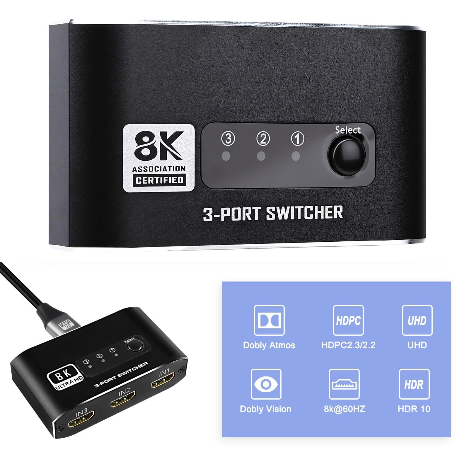 Fockety HDMI 2.1, 4K 120Hz 8K 60Hz Selettore Immagine Video 3 in 1 Uscita, Interfaccia Multimediale Switcher HDMI Splitter Hub per Console di Gioco TV