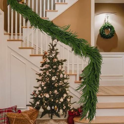 Miniatura 5 de 2 guirnaldas artificiales de pino Norfolk de 9 pies, guirnalda verde de vegetación artificial, guirnalda de Navidad para puerta delantera, mesa