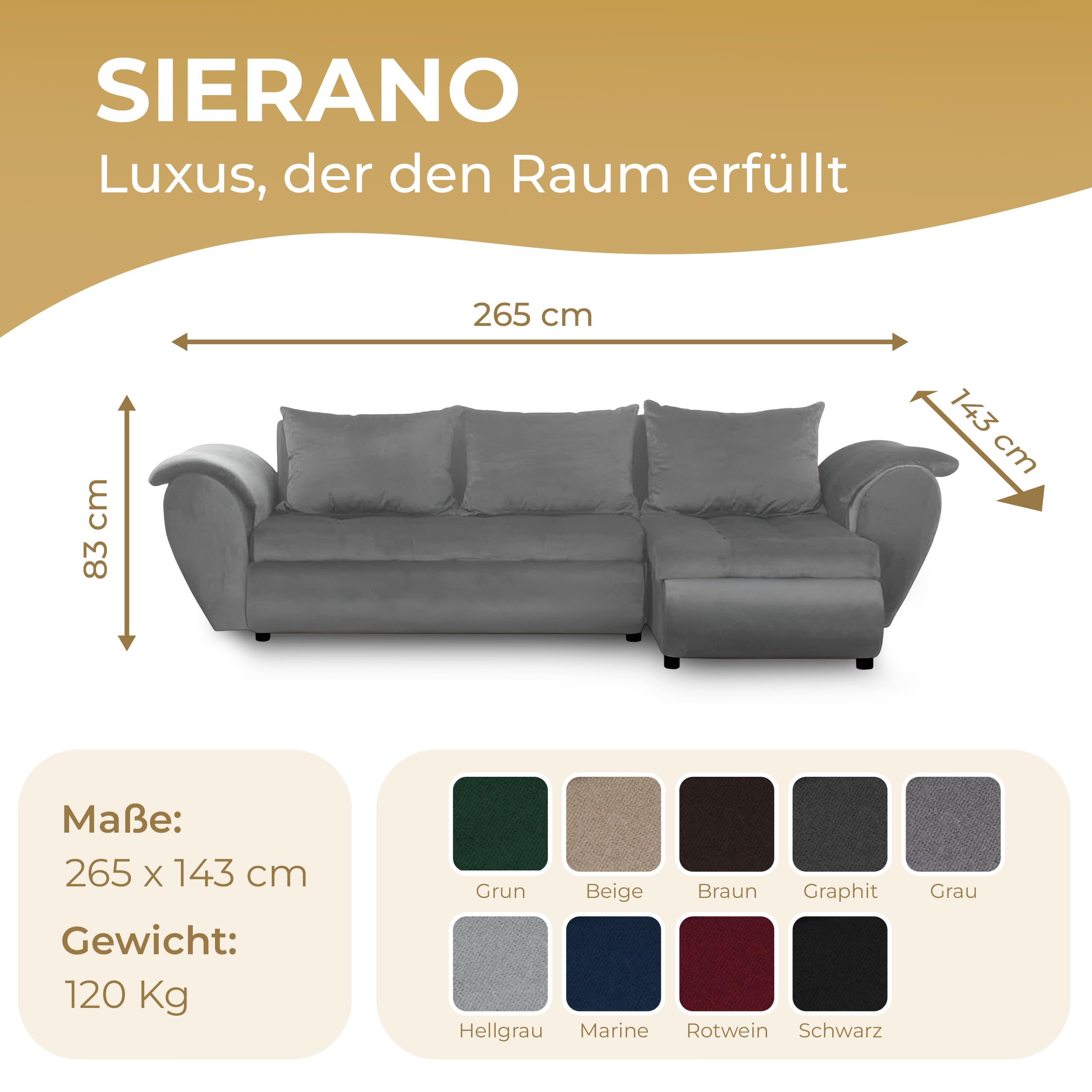 Sierano Ecksofa 265x143x83cm Rot Wohnzimmer Couch Schlafsofa