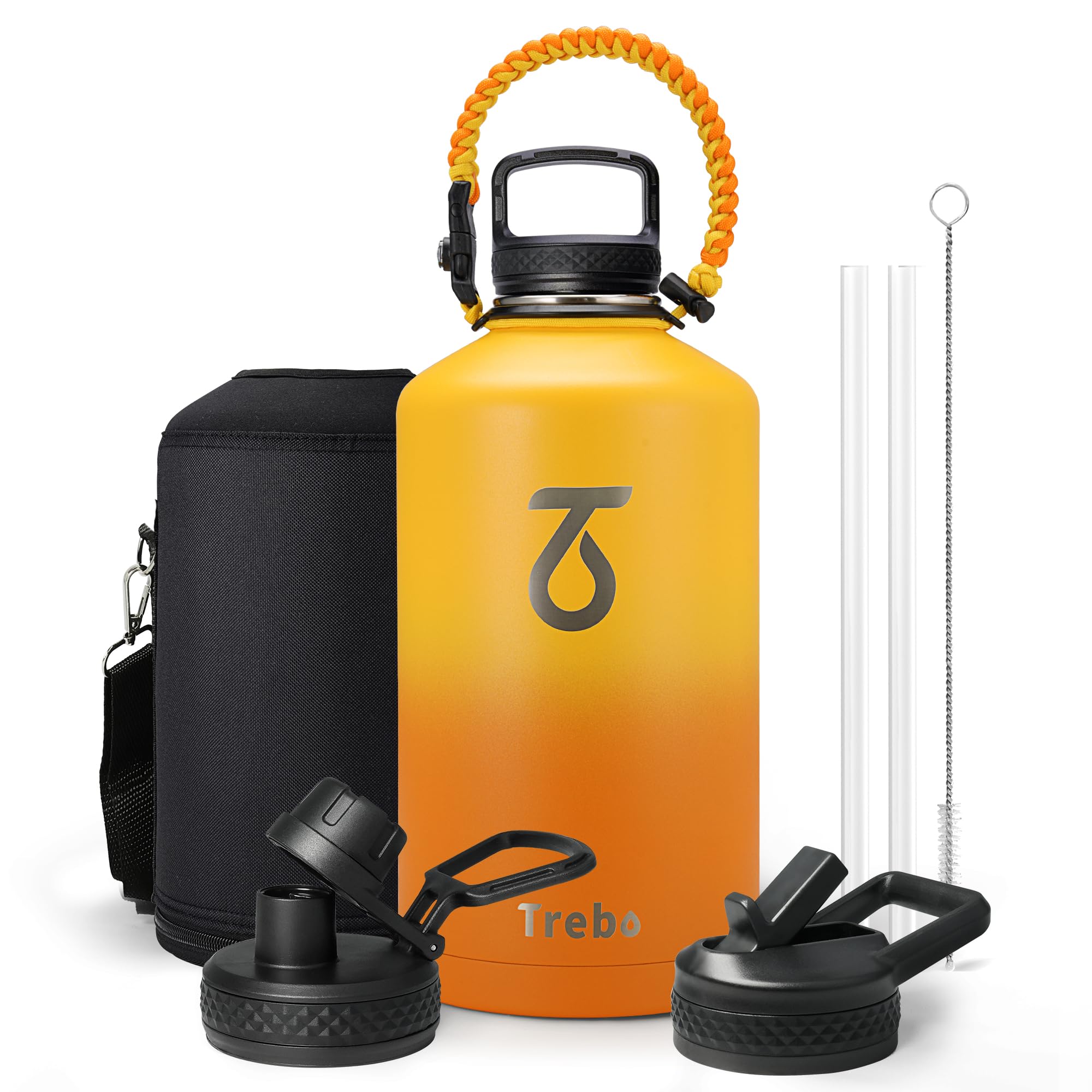 Trebo Thermosflasche mit Paracord-Griff und Strohhalm, Vakuum-Edelstahl-Wasserkrug hält 48 Stunden kalt, Wasserflasche mit 3 Deckeln für Männer und Frauen, Sport, Fitnessstudio, Orange
