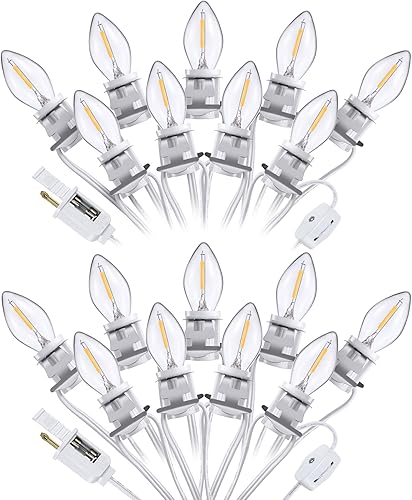 Meonum Paquete de 2 cables de accesorios con 18 bombillas LED C7, clip de cable de luces de pueblo de Navidad con doble fusible de repuesto, molde